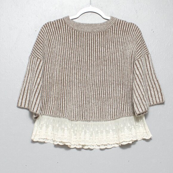 THML Anthropologie crop thick ribbed lace hem short sleeve sweater - Picture 1 of 5